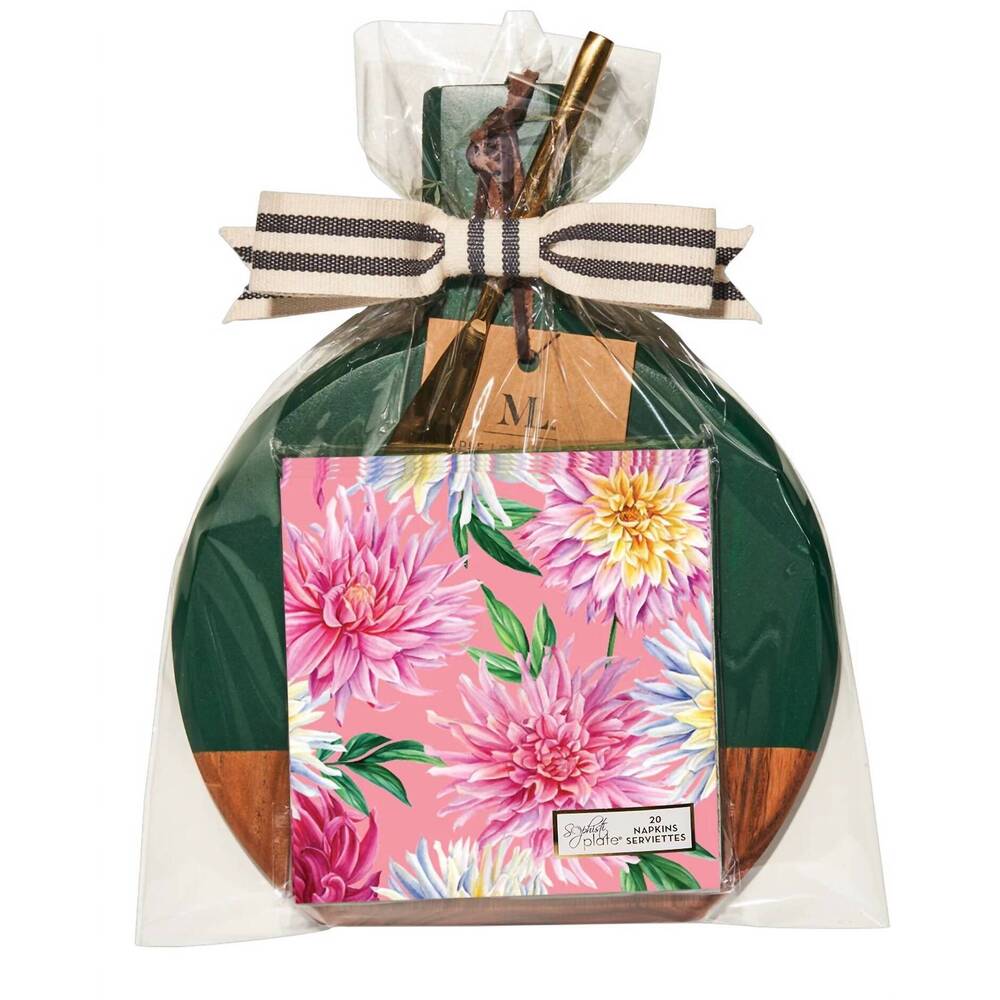 NEW SOPHISTIPLATE acacia wood board gift kit in dahlia garden